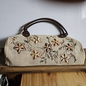 Vintage 80s Canvas Beaded and Rattan Floral Satchel Handbag